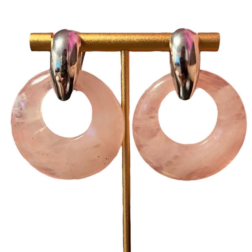 Rose Quartz Hoop Silver Tone Dangle Earrings